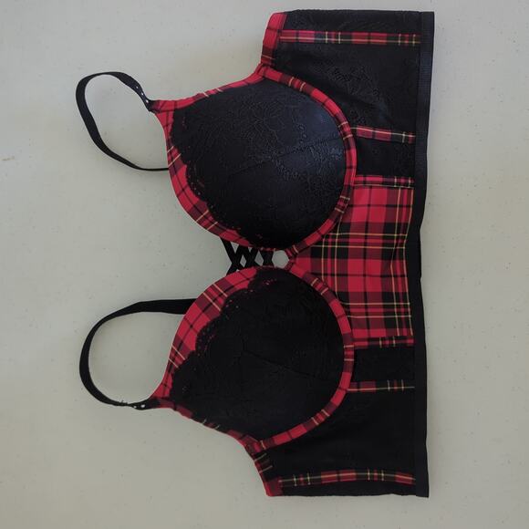 Torrid Bra Womens 44C Plunge Push Up Longline Noelle Plaid Jester Red NWT - Picture 11 of 13